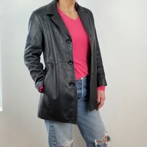 Alfani Womens Black Leather Jacket Longline Below Waist Medium